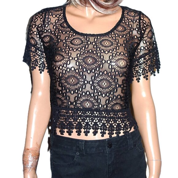Black Lace Eyelet Cropped Blouse L - Picture 1 of 6